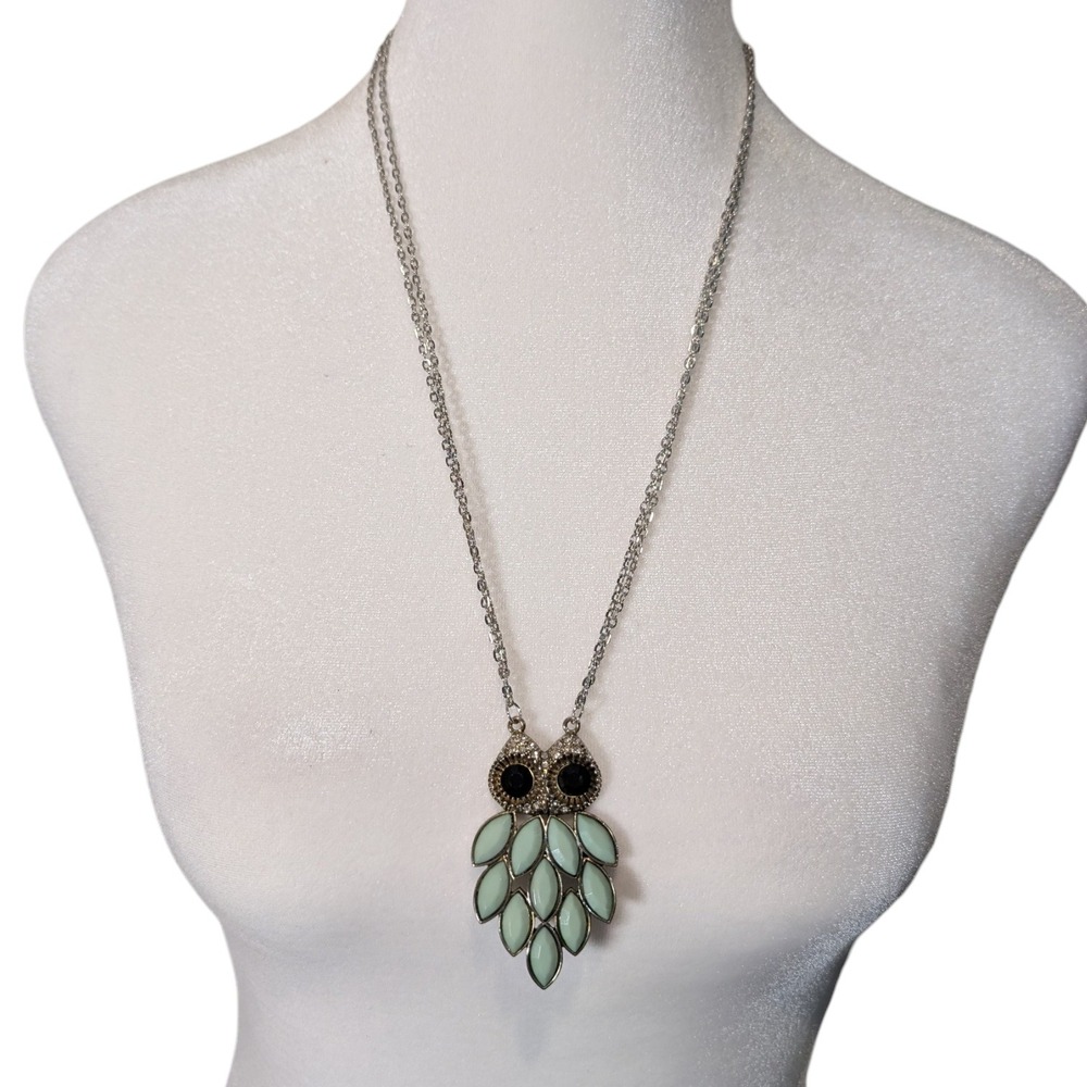 Silver Tone Owl Pendant Necklace Mint Green Faux Stone Rhinestone Toggle Clasp